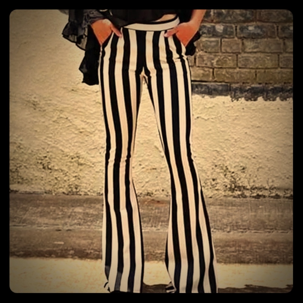 ** White/Black Stripe Front Pocket Flare Pants